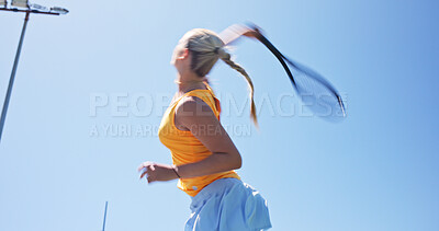 Buy stock photo Tennis, action or woman outdoor with racket, swing practice and energy in training match. Fitness, padel competition and athlete outside with equipment, intense game and ball control in sports hobby