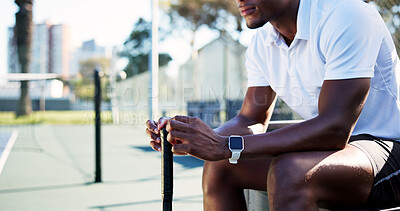 Buy stock photo Fitness, rest and man on tennis court with racket, practice preparation and relax in training match. Padel, break and athlete on turf with equipment, game plan and recovery in sports competition.