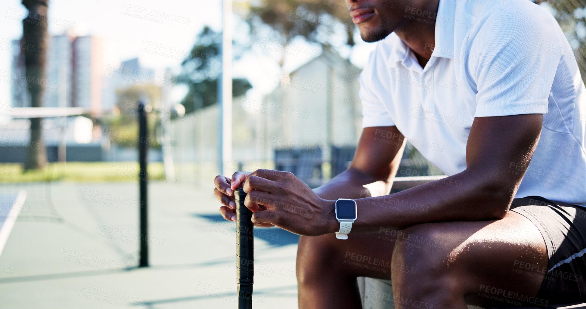Buy stock photo Fitness, rest and man on tennis court with racket, practice preparation and relax in training match. Padel, break and athlete on turf with equipment, game plan and recovery in sports competition.