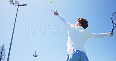 Buy stock photo Tennis, action or man outdoor with racket, serve practice and energy in training match. Fitness, padel competition and athlete outside with equipment, intense game and ball control in sports hobby