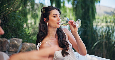 Buy stock photo Break, drink and thinking with woman outdoor at wine farm for getaway or tasting experience. Alcohol, glass and relax with person at agricultural venue for growth, social gathering or wellness