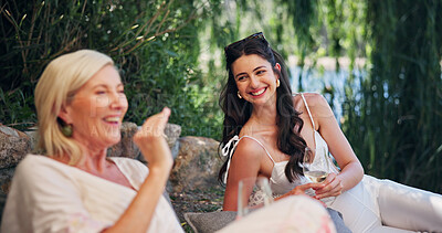 Buy stock photo Friends, wine and laugh with picnic outdoor for social gathering, funny gossip and bonding. People, smile and communication with alcohol in nature for conversation, summer vacation and connection