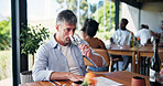 Restaurant, smell and man with glass for wine tasting, aged flavor and identify drink notes at winery. Fine dining, alcohol aroma and mature person with knowledge, connoisseur and scent assessment