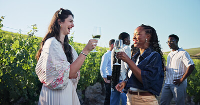 Buy stock photo Laughing, toast and wine tasting with people on farm together for bonding or experience. Break, cheers and funny with happy girl friends talking outdoor in vineyard for drinks or summer wellness