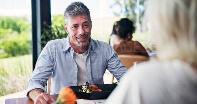 Buy stock photo Relationship, man or couple in restaurant with smile, support and bonding together in anniversary celebration. Honeymoon, mature and people at cafe with love, commitment or connection on date
