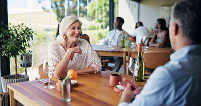 Buy stock photo Relationship, woman or couple in restaurant with smile, support and bonding together in anniversary celebration. Honeymoon, mature and people with happiness, commitment or connection in romantic date