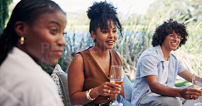 Buy stock photo Friends, wine and smile with picnic for bonding, social gathering and reunion outdoor. People, laugh and communication with alcohol in nature for funny conversation, summer vacation and connection