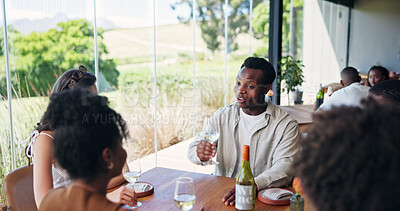 Buy stock photo Restaurant, friends or man with wine glass for dinner, fine dining experience or conversation for reunion. Talk, social gathering or people bonding with alcohol for connection, weekend event or drink