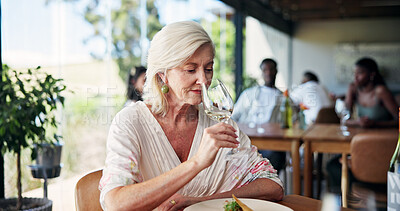 Buy stock photo Smelling, wine and mature woman at restaurant for tasting on vacation, getaway or weekend trip. Flavor profile, scent and female person with alcohol drink for aroma at dining experience on holiday.