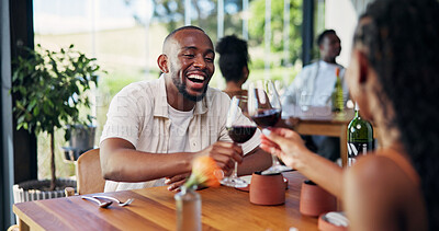 Buy stock photo Conversation, date and toast with couple in restaurant together for bonding or relationship. Cheers, romance and wine with happy people at table in eatery for break, connection or hospitality