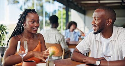 Buy stock photo Conversation, date and love with couple in restaurant together for bonding or relationship. Relax, romance and talking with happy people at table in coffee shop for break, connection or hospitality