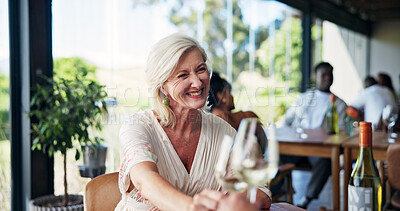 Buy stock photo Wine, toast and woman in restaurant, smile and social event with celebration, romance and love. Mature person, reunion and customer with alcohol, cheers and happiness with anniversary and fine dining