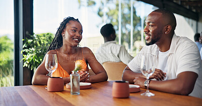 Buy stock photo Conversation, love and romance with couple in restaurant together for bonding or relationship. Date, relax and talking with happy people at table in eatery for break, connection or hospitality