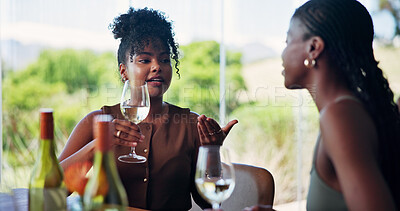 Buy stock photo Wine, women or friends in restaurant with conversation for social gathering, gossip or bonding together. People, reunion or discussion with alcohol at event for drink, holiday or weekend break.