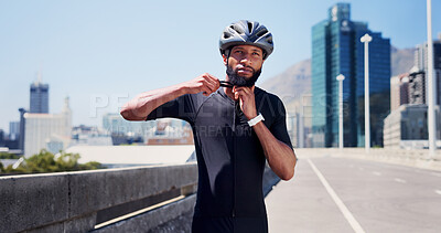 Buy stock photo Sports, helmet and black man with strap in city ready for exercise, training and active hobby outdoor. Fitness, athlete and person with safety gear for workout protection, cycling and ride in town