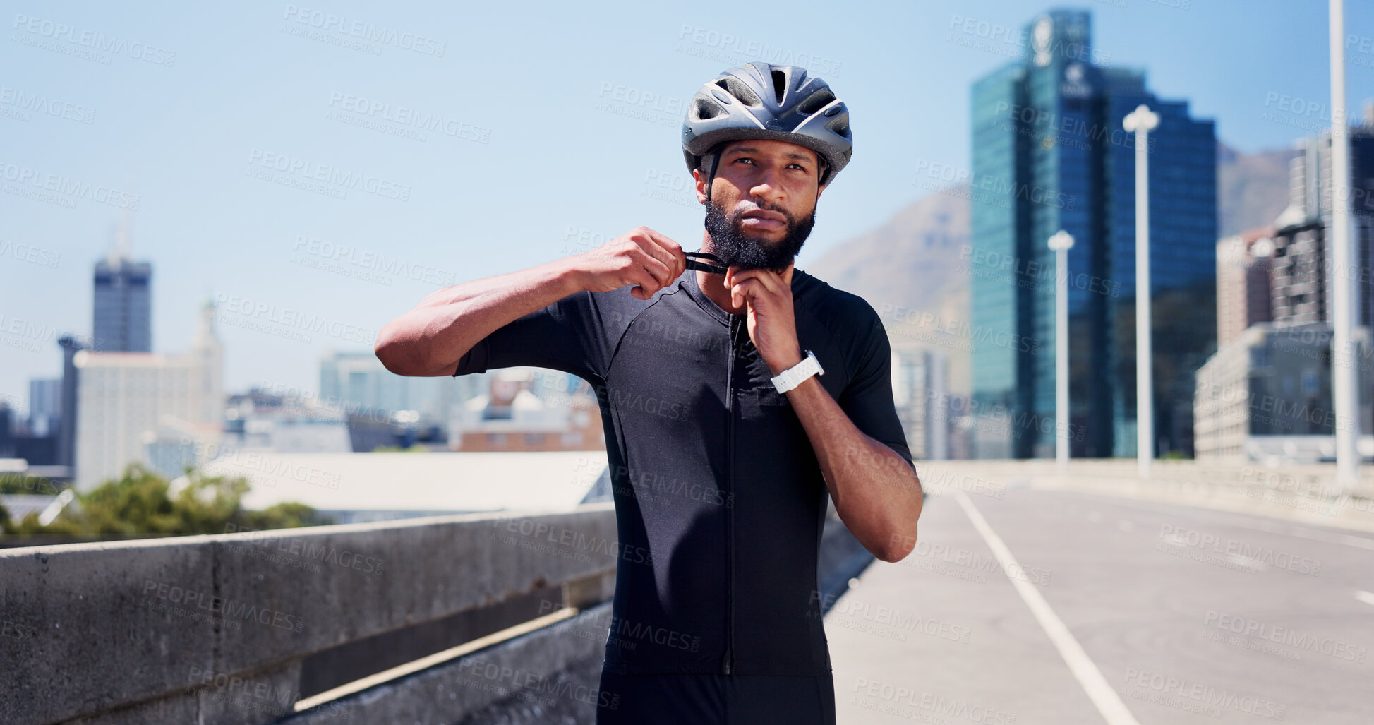 Buy stock photo Sports, helmet and black man with strap in city ready for exercise, training and active hobby outdoor. Fitness, athlete and person with safety gear for workout protection, cycling and ride in town
