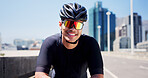 Happy, sports and man in city with sunglasses for fitness, cycling and active hobby outdoor. Athlete, smile and person with polarized lens with warm up for exercise, workout or training in street