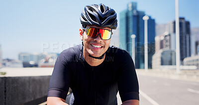 Buy stock photo Happy, sports and man in city with sunglasses for fitness, cycling and active hobby outdoor. Athlete, smile and person with polarized lens with warm up for exercise, workout or training in street