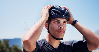 Buy stock photo Sports, helmet and man in city ready to start exercise, training and active hobby outdoor. Fitness, athlete and person thinking with safety gear for workout protection, cycling and ride in town