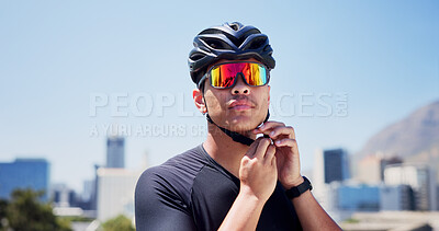 Buy stock photo Sports, helmet and man with sunglasses outdoor ready for exercise, training and active hobby in city. Fitness, athlete and person with safety gear, polarized lens and protection for cycling workout