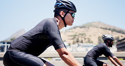 Buy stock photo Fitness, man and cycling on bike in city for triathlon challenge, competition workout or sport. Profile, people and bicycle outdoor for cardio exercise, marathon endurance and pace training for race
