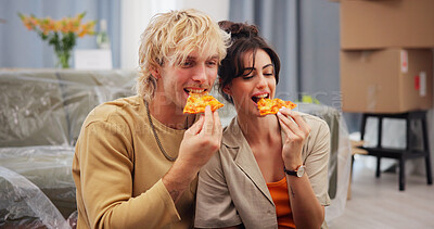 Buy stock photo Love, moving day and pizza with couple in new home together for fresh start or relocation. Boxes, food and property investment with happy people eating takeaway in apartment for bonding or growth