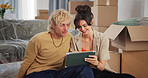 Homeowner, moving in and couple with smile, tablet and mortgage with real estate. Rental apartment, man and woman with tech, planning and renovation with decoration ideas, app and property investment