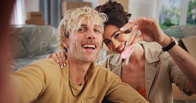 Buy stock photo Portrait, couple and selfie with key at new house for photography, social media post and moving in. Pov, people and profile picture update for real estate, property investment and relocation memory