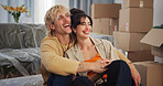 Happy, moving and couple hug in new home for relocation to house, property and rental apartment. Marriage, relax and man with woman embrace for bonding, love and excited for real estate purchase