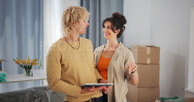 Buy stock photo Couple, tablet and smile with boxes in new home for bonding, interior design and layout app in property. People, technology and relocation in lounge for love, real estate development or renovation