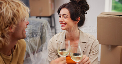 Buy stock photo Cheers, moving and couple with drink in new home to celebrate house, property and apartment. Marriage, relax and man with woman with alcohol, wine and happy for purchase, mortgage and real estate
