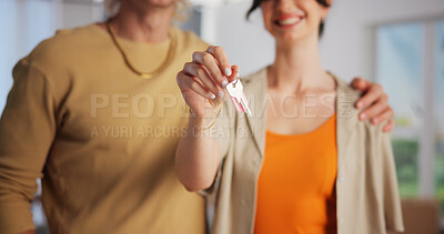 Buy stock photo Happy couple, hands and new home with keys for mortgage, property purchase or investment together. Man, woman or homeowners with smile or loan for moving in, buying or real estate finance in house