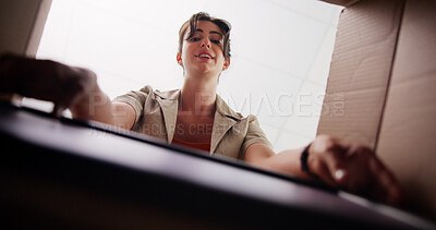 Buy stock photo Portrait, woman and unpacking box at new house for real estate, moving in and unboxing gift. Pov, low angle or female person with package for relocation, investment and property purchase as homeowner