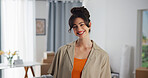 Property, portrait and woman in house with confidence, fresh start and investment in dream home. Success, real estate and girl in living room with pride, relocation and achievement for new homeowner