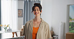 Property, portrait and woman in living room with pride, fresh start and investment in dream house. Success, real estate and girl in home with confidence, relocation and achievement for new homeowner