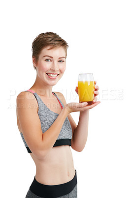 Buy stock photo Fitness, juice and portrait of woman in studio for detox, gut health or wellness beverage. Glass, presentation and smile with happy person isolated on white background for diet drink benefits