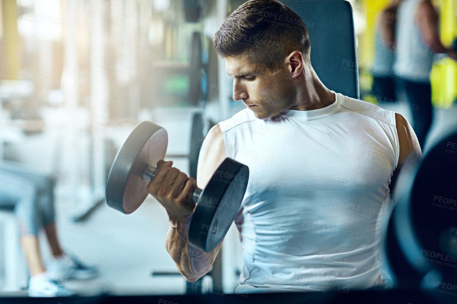 Buy stock photo Fitness, dumbbells and man in gym, workout and endurance for body development. Equipment, power and person in health center, challenge and exercise for wellness, lifting weights and strength training