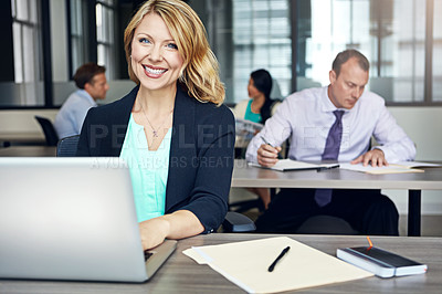 Buy stock photo Happy, laptop and portrait of business woman in coworking office for planning or research. Computer, report and typing with smile of employee at desk in workplace for review of online information