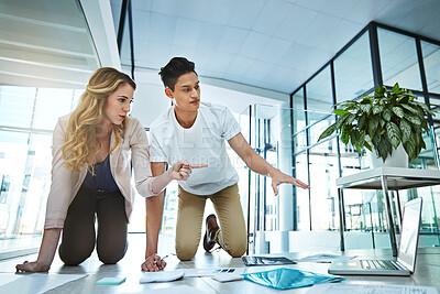 Buy stock photo Team, planning and laptop with business people in office for brainstorming, campaign research and review. Brand identity, project proposal and creative collaboration with employees and tech in agency