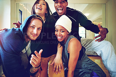 Buy stock photo Happy, dance and portrait of friends in studio for lesson, rehearsal and creative class together. Academy, dancer group and men and women for practice, choreography and performance for talent show