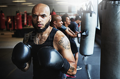 Buy stock photo Boxing class, man and portrait at punching bag for fitness training, gym practice and fight workout. People, pro boxer and serious at health club for conditioning, match preparation and combat sport