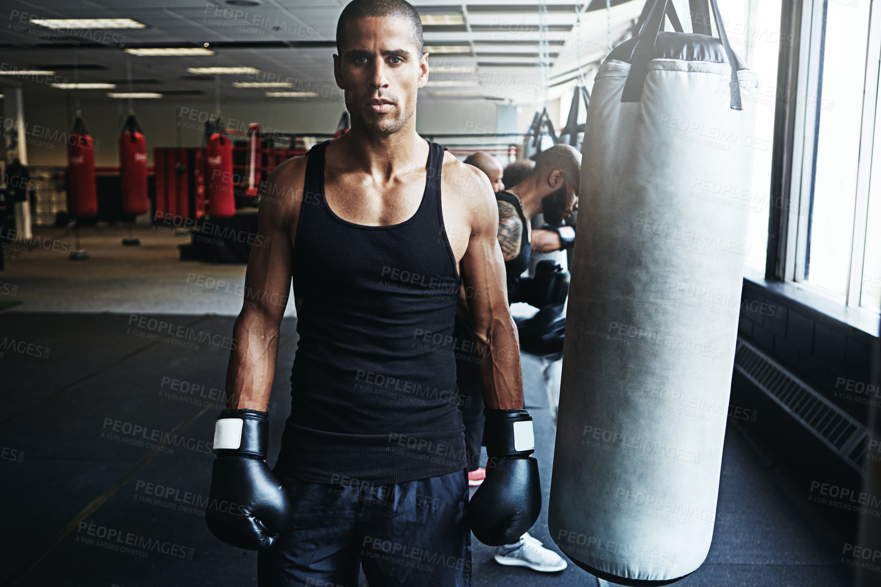 Buy stock photo Portrait, boxer and man in club for sports, fitness or determination with punching bag. Boxing, professional athlete and serious person with gloves for fight training, exercise and workout in gym
