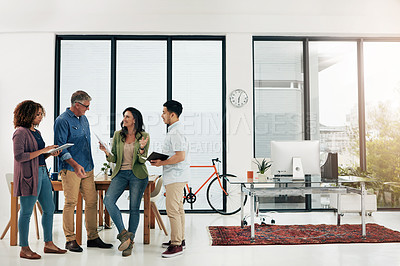 Buy stock photo Collaboration, conversation and business people in office, brainstorming and ideas for story. Coworking, men and women in meeting, discussion and planning for submission and feedback for proposal