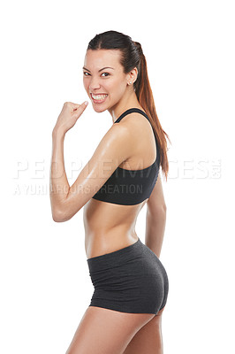 Buy stock photo Portrait, fitness or woman with flex in studio, showcase arm development or strength training results. Pride, muscle gain or athlete with body goal on white background, exercise or workout for health