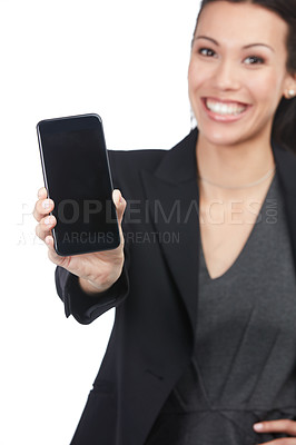 Buy stock photo Hand, studio and business woman with phone screen for mockup space, commercial and smile. Happy person, mobile display or marketing worker with promo, advertising and portrait on white background