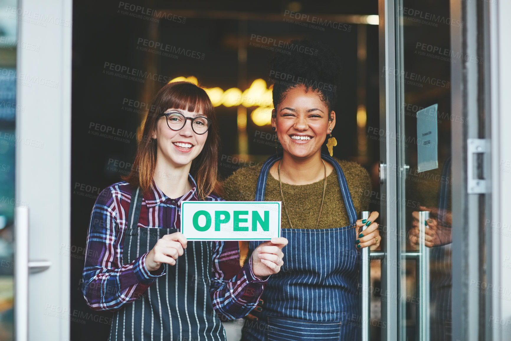 Buy stock photo Open sign, team and portrait with women in cafe for hospitality, small business and storefront. Restaurant notice, entrepreneur signage and collaboration with people in coffee shop for retail