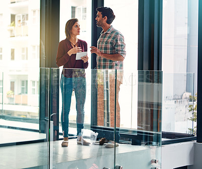 Buy stock photo Tablet, discussion and business people in office with teamwork for creative project together. Collaboration, technology and magazine editors with research for article with publishing in workplace.