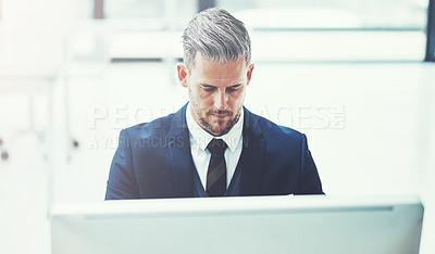 Buy stock photo Reading, research and computer with business man in office for bookkeeping update, account review and email. Portfolio proposal, communication and investment report with mature person in firm
