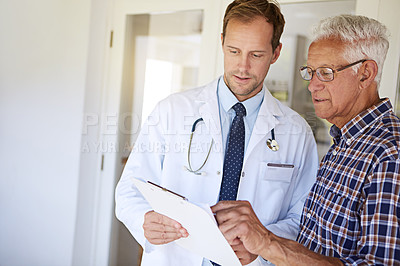 Buy stock photo Clipboard, checkup and doctor with senior man in clinic for discussion on medical diagnosis. Checklist, consultation and healthcare worker with elderly male patient for treatment planning in hospital
