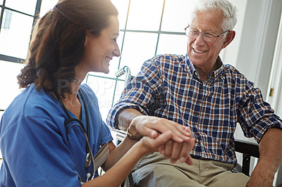 Buy stock photo Retirement home, wheelchair and nurse with old man, talking and mobility support for recovery. Pensioner, caregiver or person with disability, advice and medical service for assisted living or smile